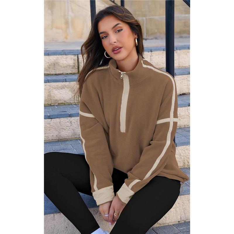 Women's Color Block Striped Half Zip Polo Sweatshirt Loose Long Sleeve Casual Pullover Top
