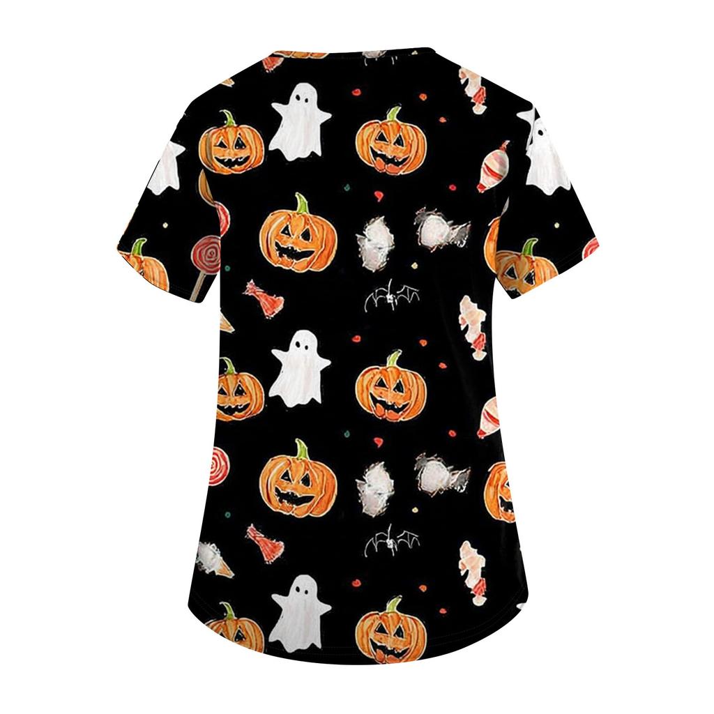 Dámská móda Krátký rukáv Halloweenský potisk Výstřih do V Kapsa Pracovní topy