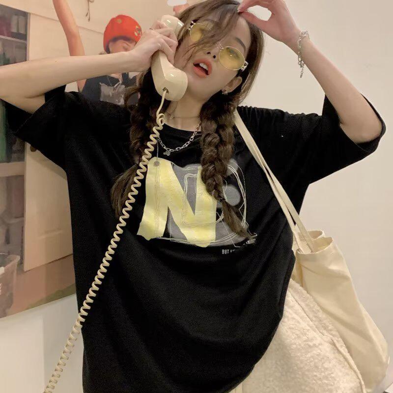 

2025 Футболка с принтом для девочек с коротким рукавом: Повседневная, Удобная, Универсальная Летняя Одежда для Учащихся Средней и Старшей Школы M чёрный