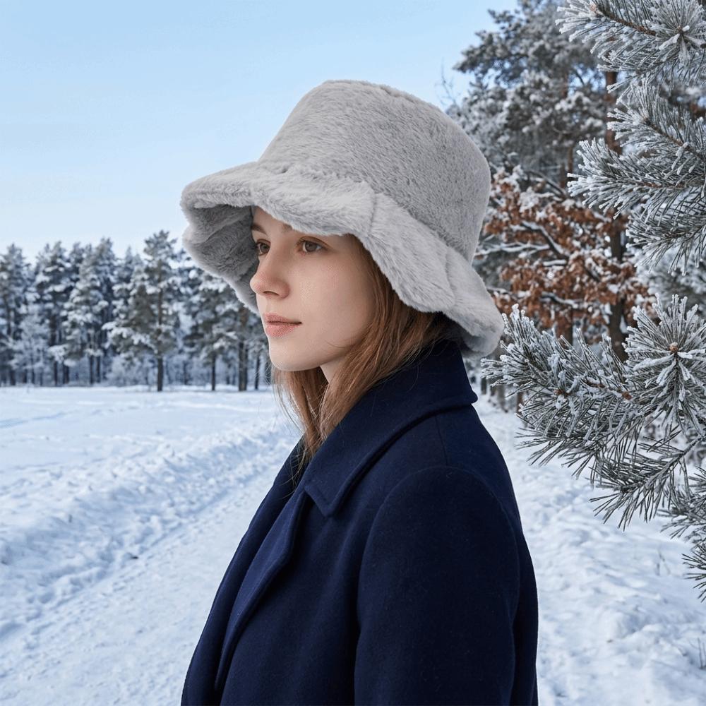 Cold -proof Faux Fur Bucket Hat Warmer Winter Panama Hat Simple Plush Fisherman Hat Shopping