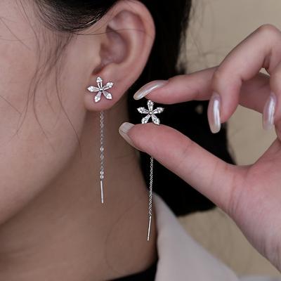 Flores de Zircón Incrustadas con Borla Versátil Pendientes Largos de Flor de Cristal Dulce de Lujo Ligero con Cable para la Oreja