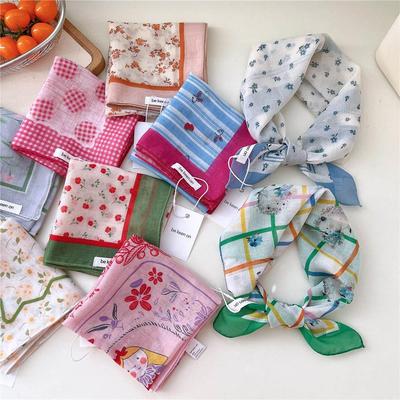 Soft Cotton Linen Square Scarf Women Floral Peach Neck Hair Tie Band Ladies Headkerchief Female Foulard Hair Bandanas Scarf