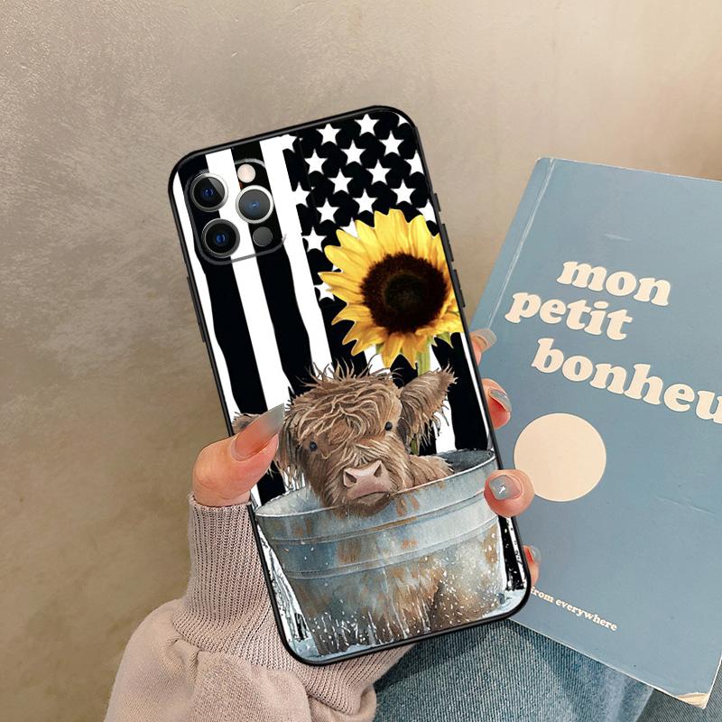 Western Highland Cow Sunflower Cute Case For iPhone 17 Air 13 16 15 11 12 14 Pro Max 13 mini XR 15 16 Plus 16e Back Cover Shell
