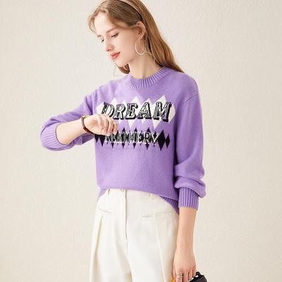 TUHUANG Women's Pure Wool Jacquard Letter Pullover Sweater