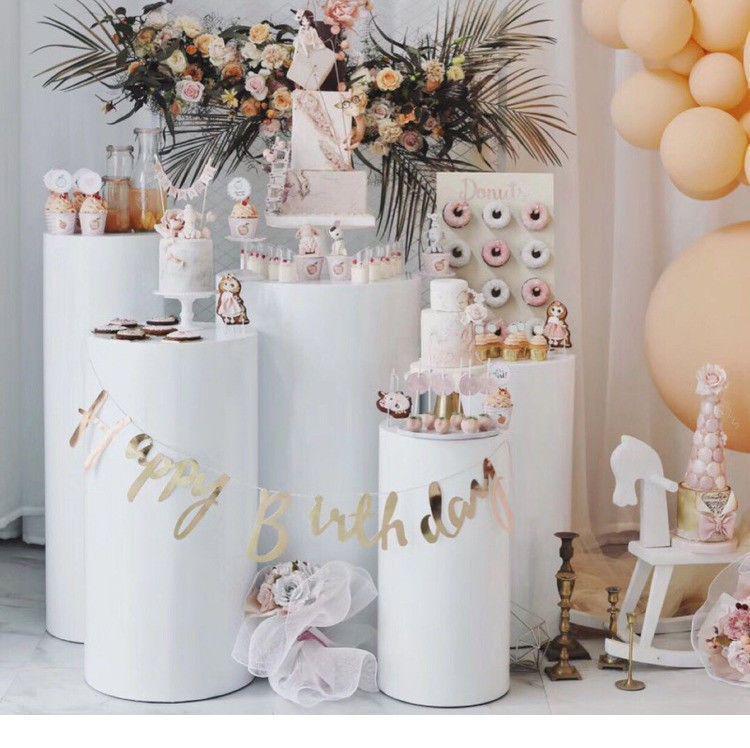 Set Decorativo Cilindri Rotondi in Ferro Bianchi per Tavolo Dessert Matrimonio e Compleanno – 5 Pezzi