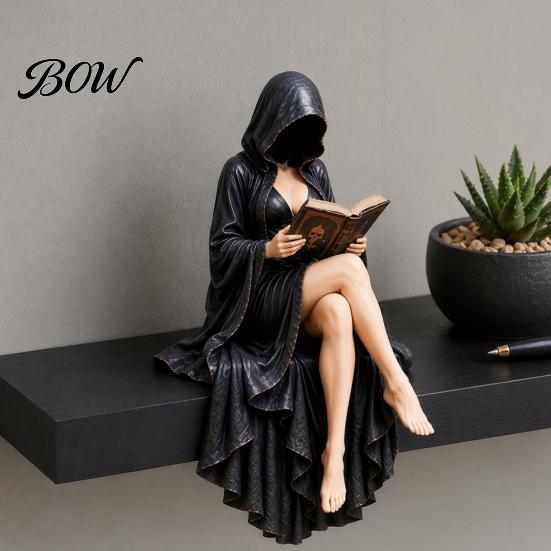 Arredamento per la Casa Dark Academy Statua di Lettore Gotico, Statuetta Scheletro con Cappuccio in Resina, Statuetta di Persona Seduta con Libro Stile Vintage per Libreria, Scrivania
