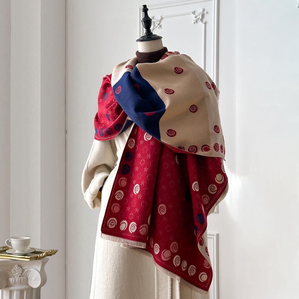 Scarf L Rhombus Camellia Women'S Autumn And Winter Thickened Imitation Cashmere Printed Shawl Versatile Warm