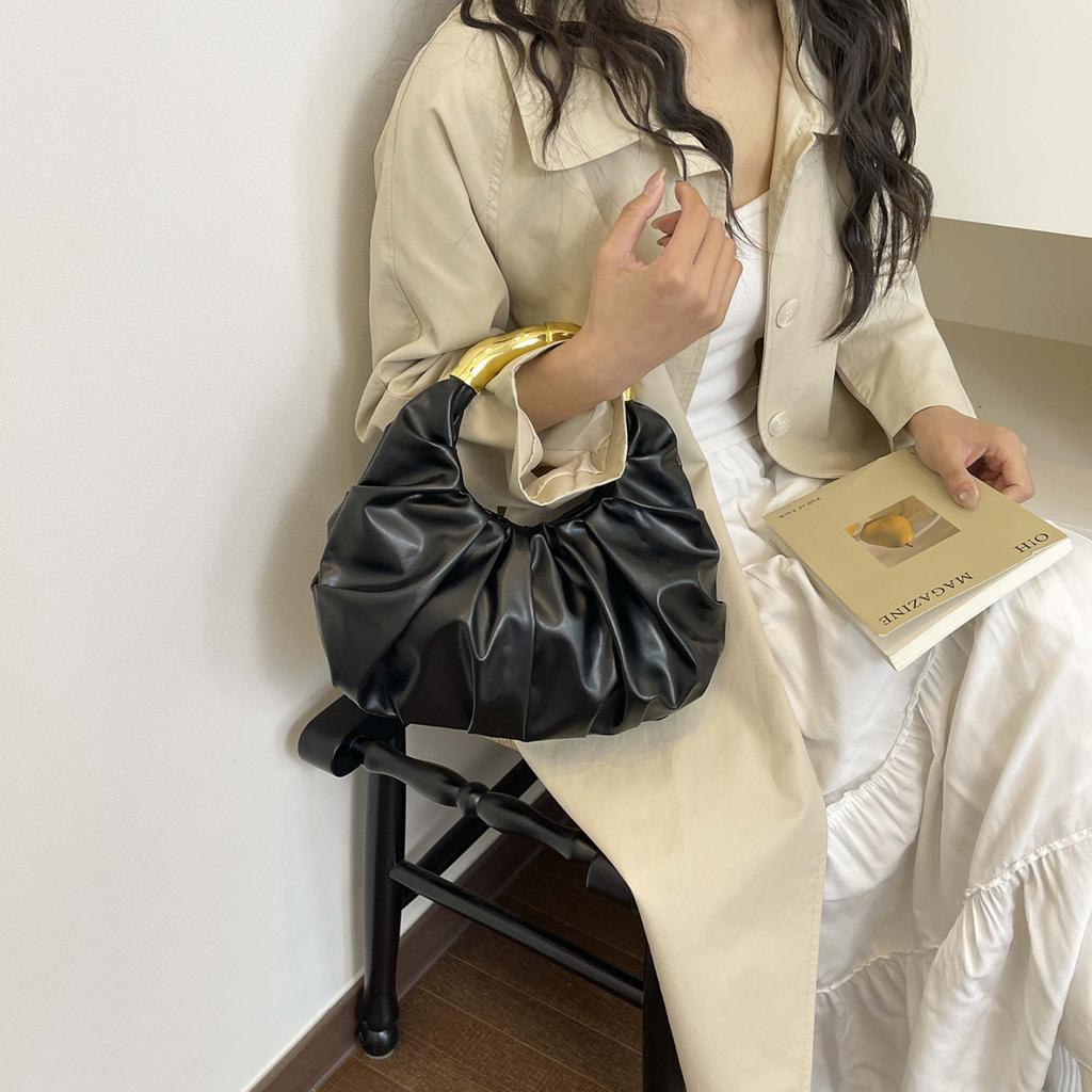 Fashion Ruched Faux Leather Women's Hobo Bag Gold Metal Handle Clutch Bags Elegant Evening Handbag for Party and Formal Events