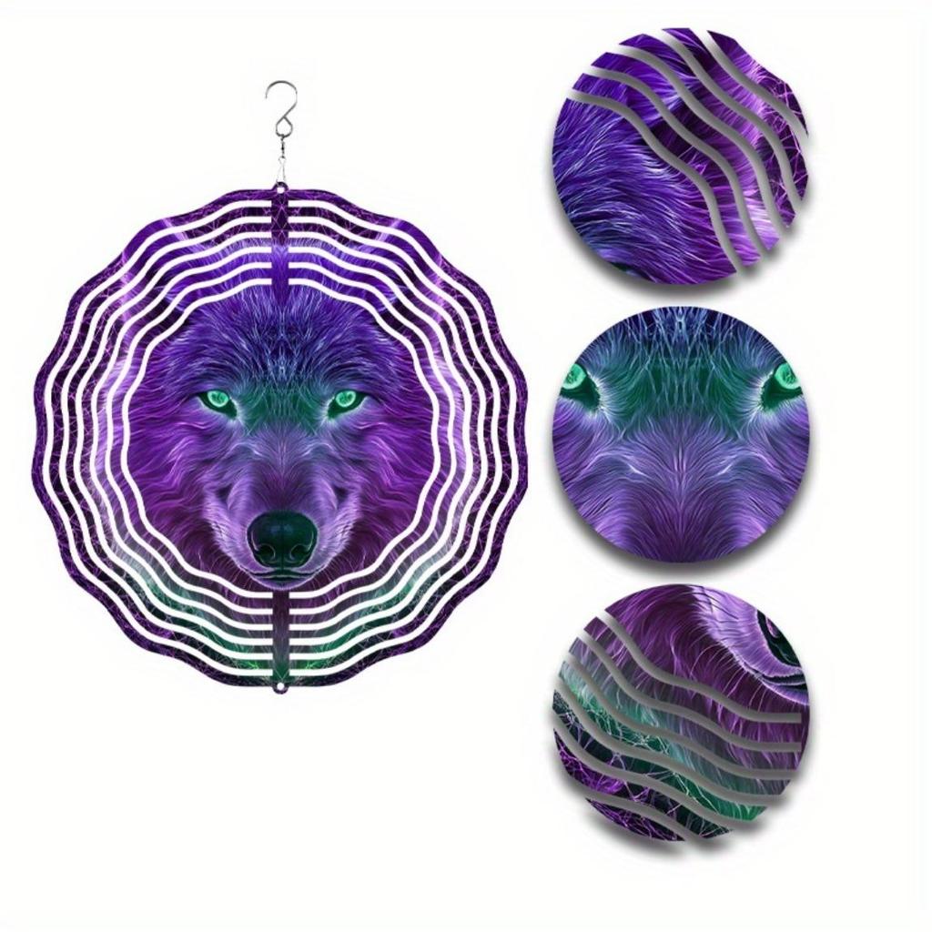 10-Inch Metal Wind Chime with 360° Swivel Hook - Handcrafted Purple & Green Wolf Design, Outdoor Garden Decor