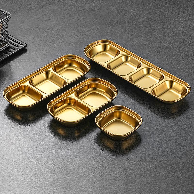 Stainless Steel Sauce Dish Multi Compartment Condiment Plate Gold Color Thickened Korean BBQ Dipping Plate Outdoor Picnic Dish Camping Tableware