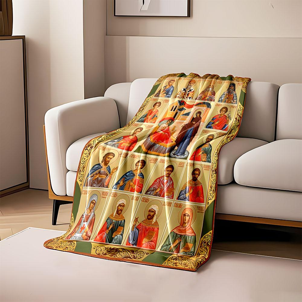 

The image features iconographic figures with halos in framed panels. for all seasons blanket lunch break throw gift 80cm x 120cm