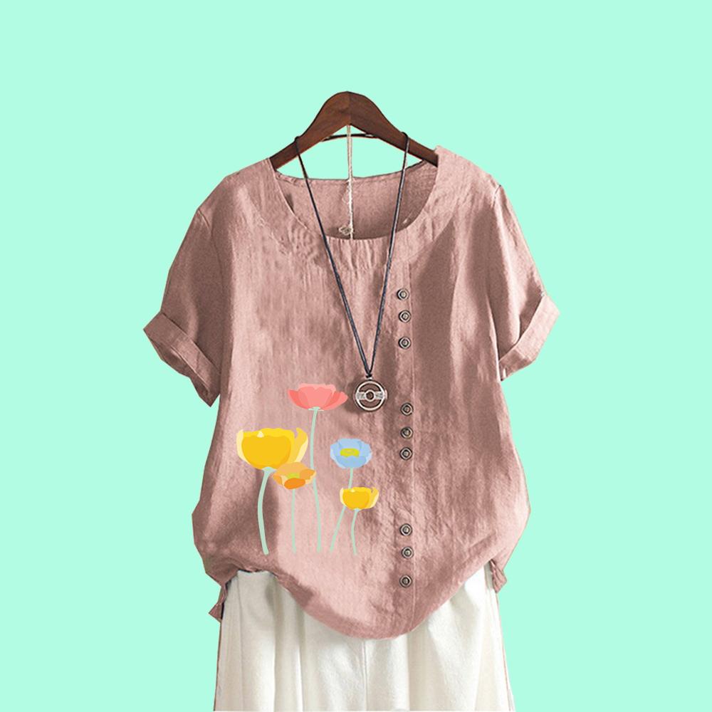 Women Casual Print T-shirt Summer Fashion Short Sleeve Top Round Collar Loose Plus Size Blouses