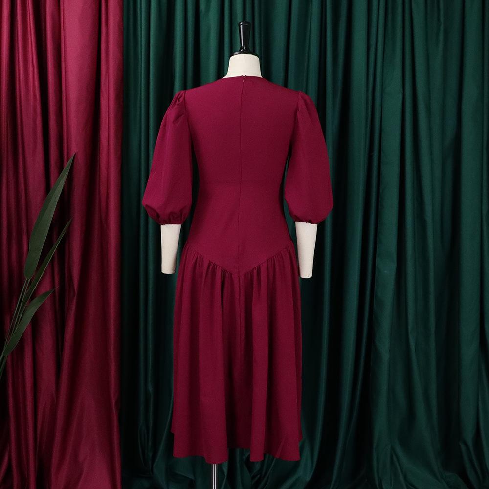 Pleated Puff Sleeve Plus Size Dress - European & American Fashion 2022