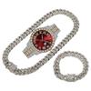 Bling Fully Iced Out Quartz Watch Necklace Bracelet Set Silver Gold Plated 13mm Chain Diamond Pointer Dial Men's