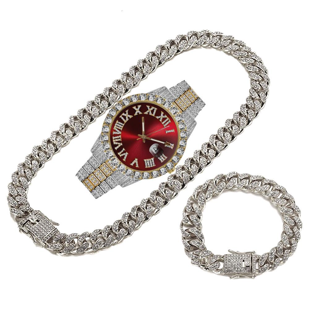 Bling Fully Iced Out Quartz Watch Necklace Bracelet Set Silver Gold Plated 13mm Chain Diamond Pointer Dial Men's