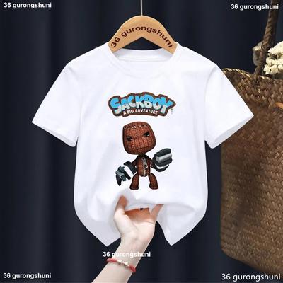 Nowa koszulka dla chłopców Śmieszna gra wideo Lbp Sackboy Nadruk z kreskówki Koszulka dla dzieci Moda Modne ubrania dla chłopców Letnia Biała koszulka z okrągłym dekoltem Góra