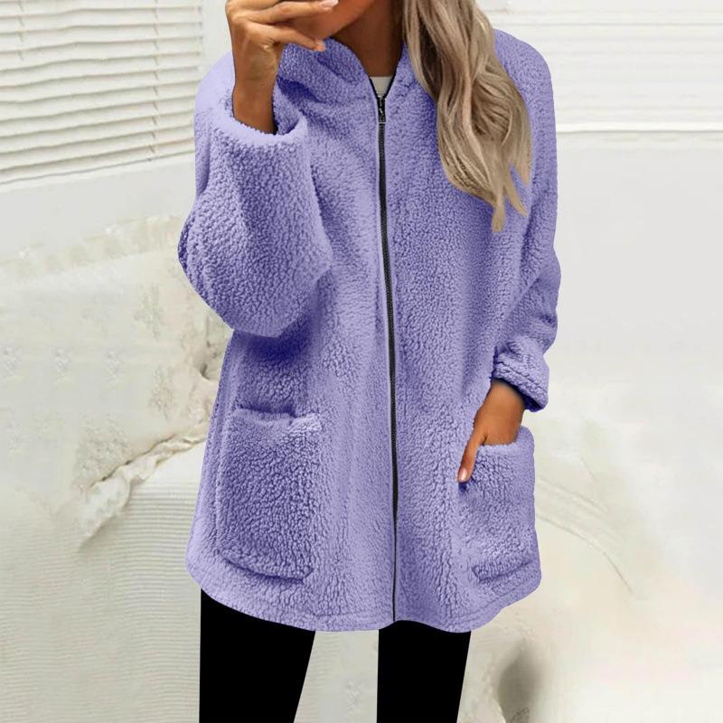 Women S Loose Plush Long Sleeve Hooded Zip Up Cardigan Coat