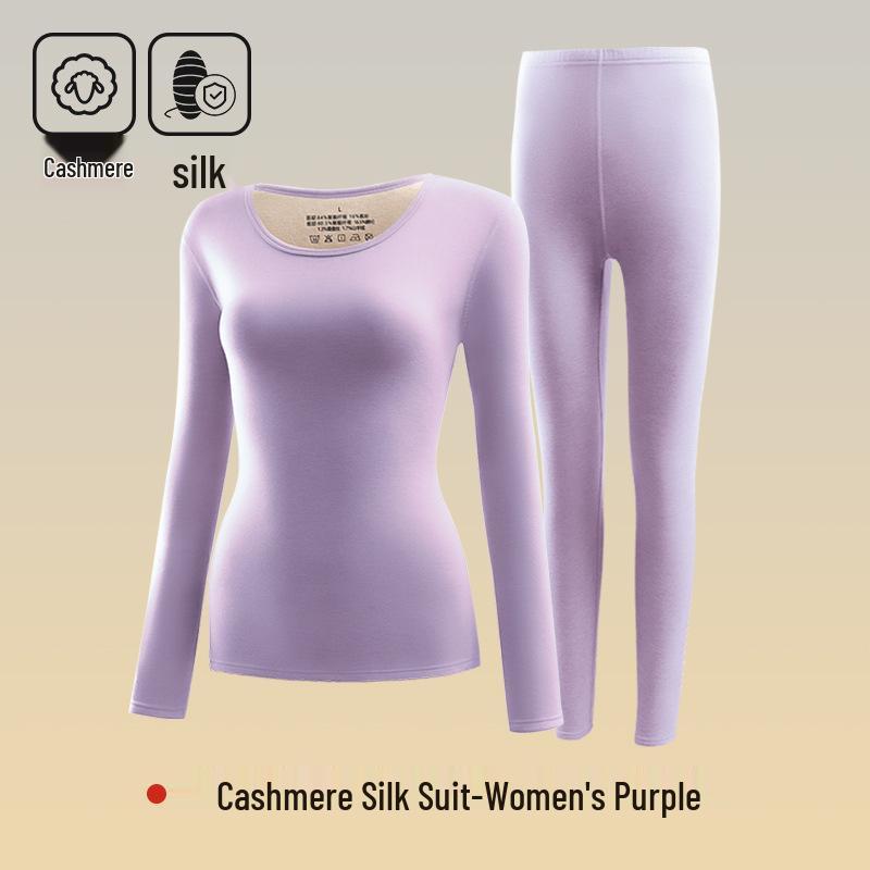 Women's Cashmere Silk Thermal Underwear Set - Seamless, Round Neck, Autumn/Winter Warm Suit for Couples