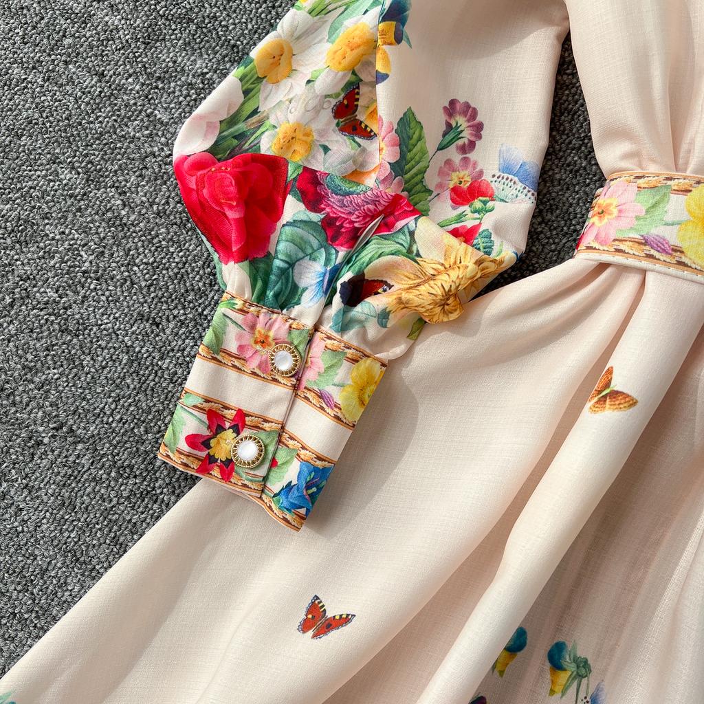 France Elegant Vintage Luxury Evening Dress Women Print  Button Long Party Dress Female Casual Chic Holiday Clothing