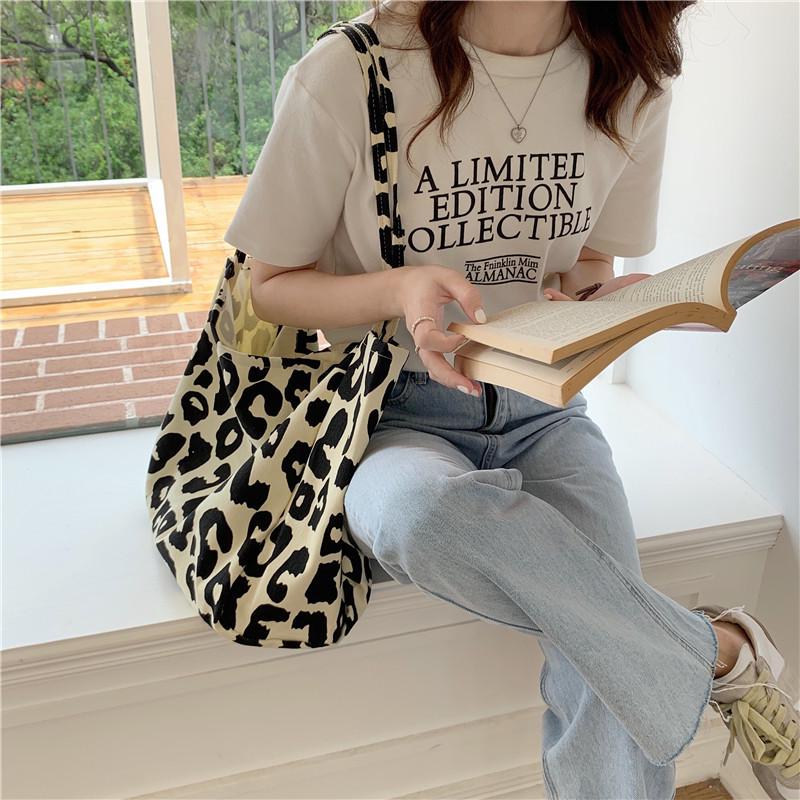 Fashionable Beige Leopard Print Canvas Tote Bag - Large Capacity Shoulder Handbag for Female Students