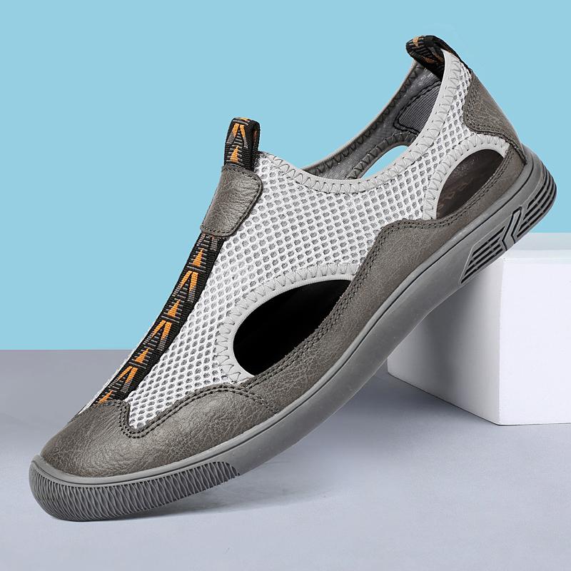 

Мужские полые кожаные сандалии для пляжа и отдыха, сетчатые мужские мягкие кожаные повседневные туфли для отдыха, прочные мужские кроссовки 2024 года, новые летние кроссовки 12 серый