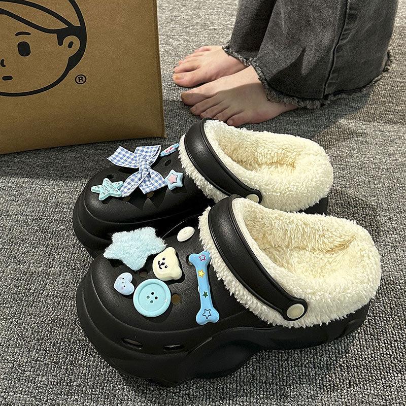 New velvet hole shoes women's winter non-slip outer wear cotton shoes heightened thick-soled home removable cotton slippers