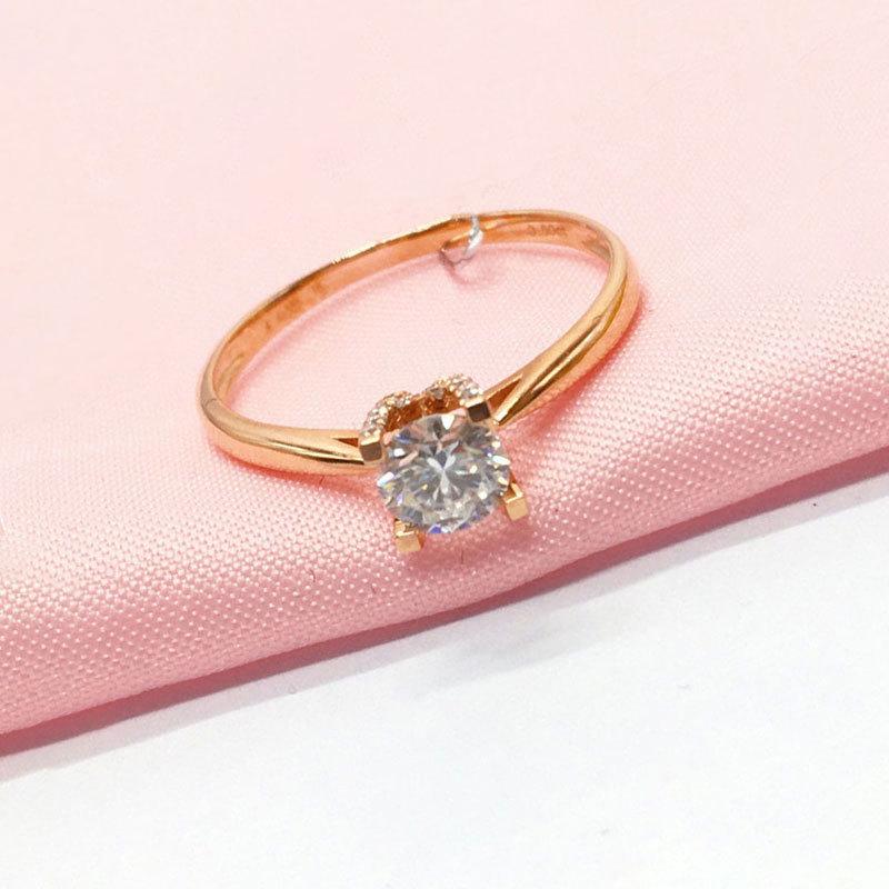 Purple Gold Inlaid Four-Claw Zircon Ring, Simple High-Grade Rose Gold-Plated Color Gold Live