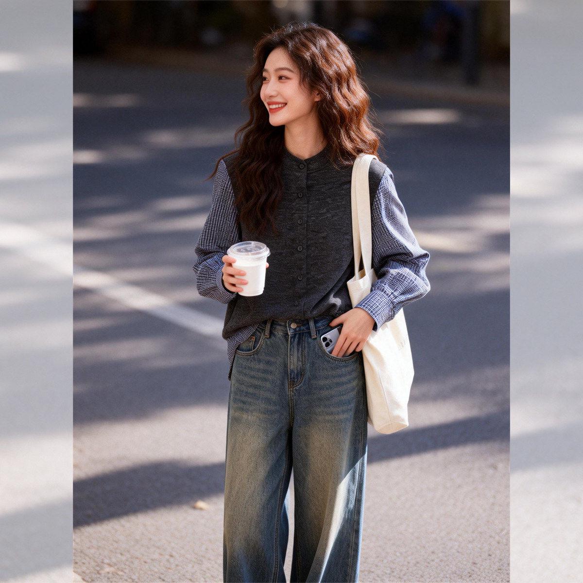 

Korean Retro Plaid Loose Two-Piece Cardigan Shirt - Plus Size Round Neck Jacket L темно-сірий