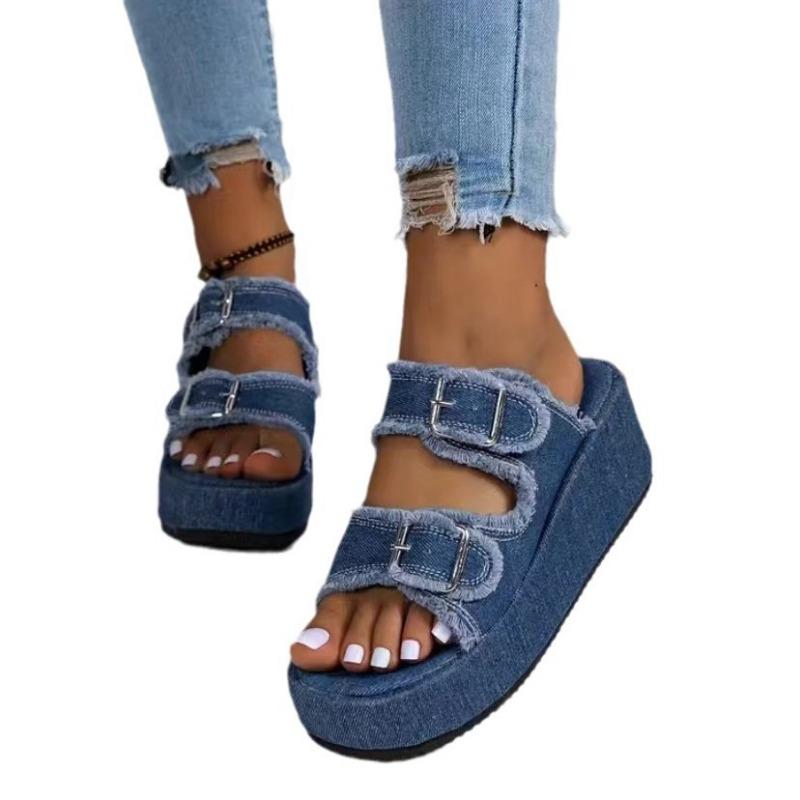 New Large-size Lame-heeled Denim Belt Buckle, One-pedal Cool Slippers, Women's Summer Wear Thick-soled Slippers