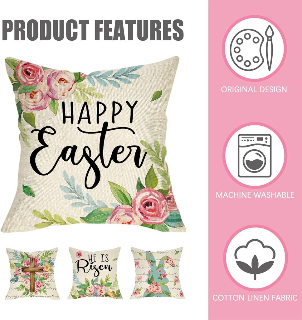 Happy Easter Bunny Christian Decorative Throw Pillow Covers Of 4, Spring Rose Flowers Cushion Case Home Decor