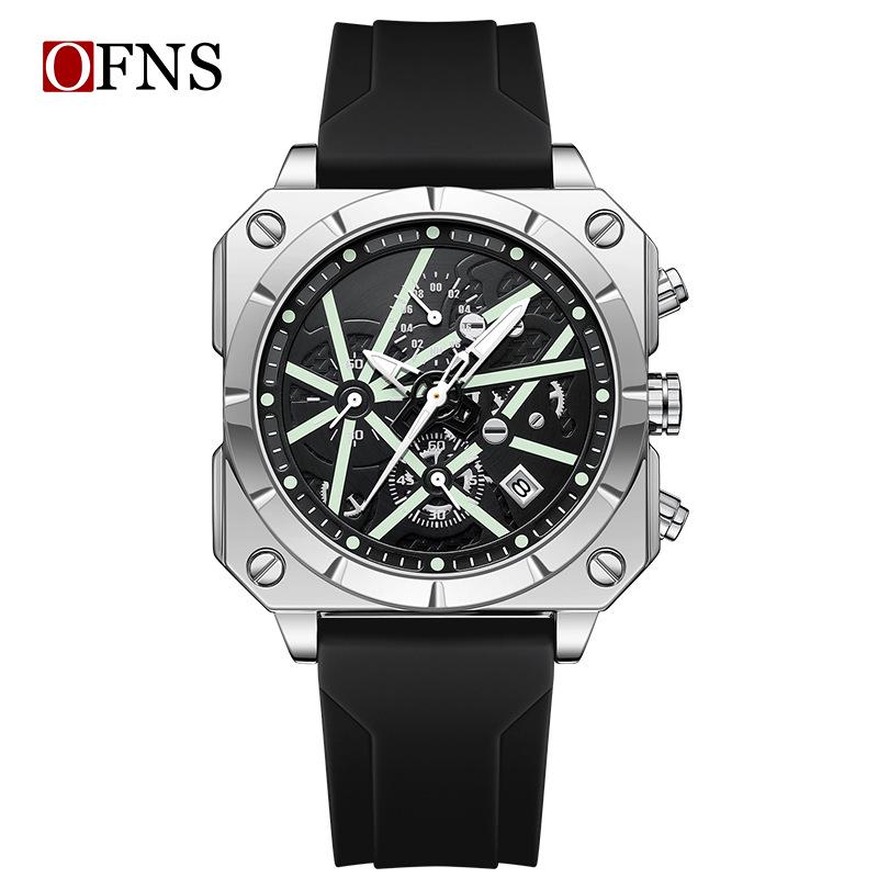 OFNS Men's Six-Needle Chronograph Quartz Watch with Luminous Bar Markers, Square Face, Waterproof, and Calendar.