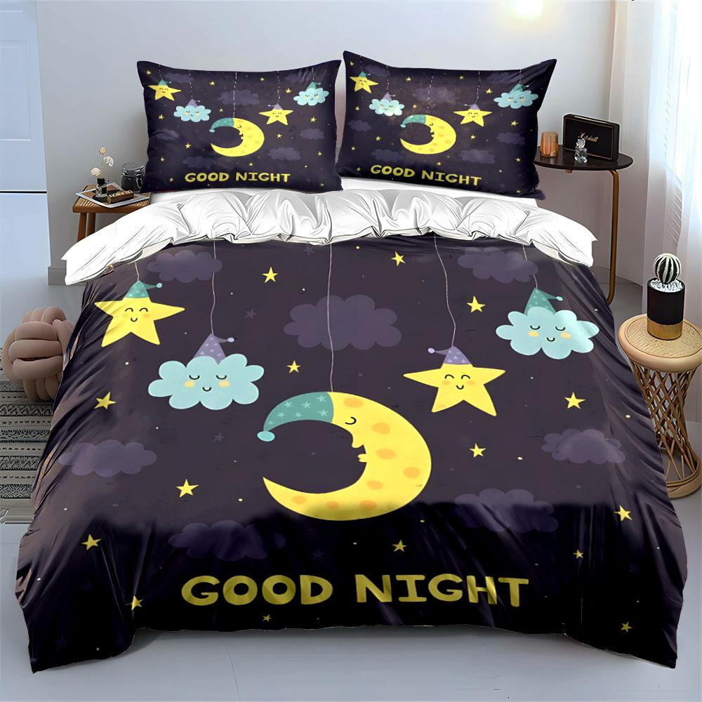 Cartoon Moon and Stars Set Bedding Duvet Cover Set Duvet Cover Pillowcases (1 * Duvet Cover 2 * Pillowcases, Without Duvet Insert)