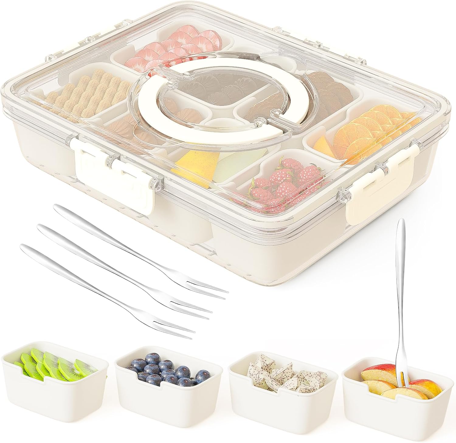 

Контейнер для снеков, Портативный контейнер для снеков, 8-секционный разделенный сервировочный поднос с крышкой и ручкой, Прозрачный органайзер для хранения фруктов, конфет, орехов, овощей 1 Pack-Dishwasher Safe