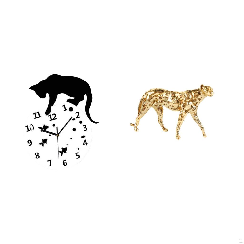 Silent Hanging Cat Clock with Gold Cheetah Figurine Animal Sculpture Quiet Movement for Living Room