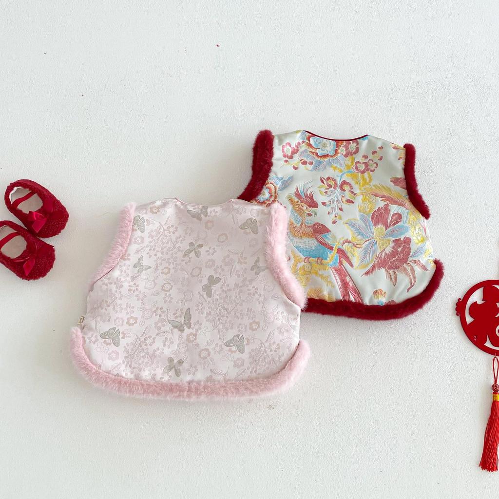 2025 Children's Chinese New Year Retro Jacquard Padded Vest – Winter Outfit for Girls