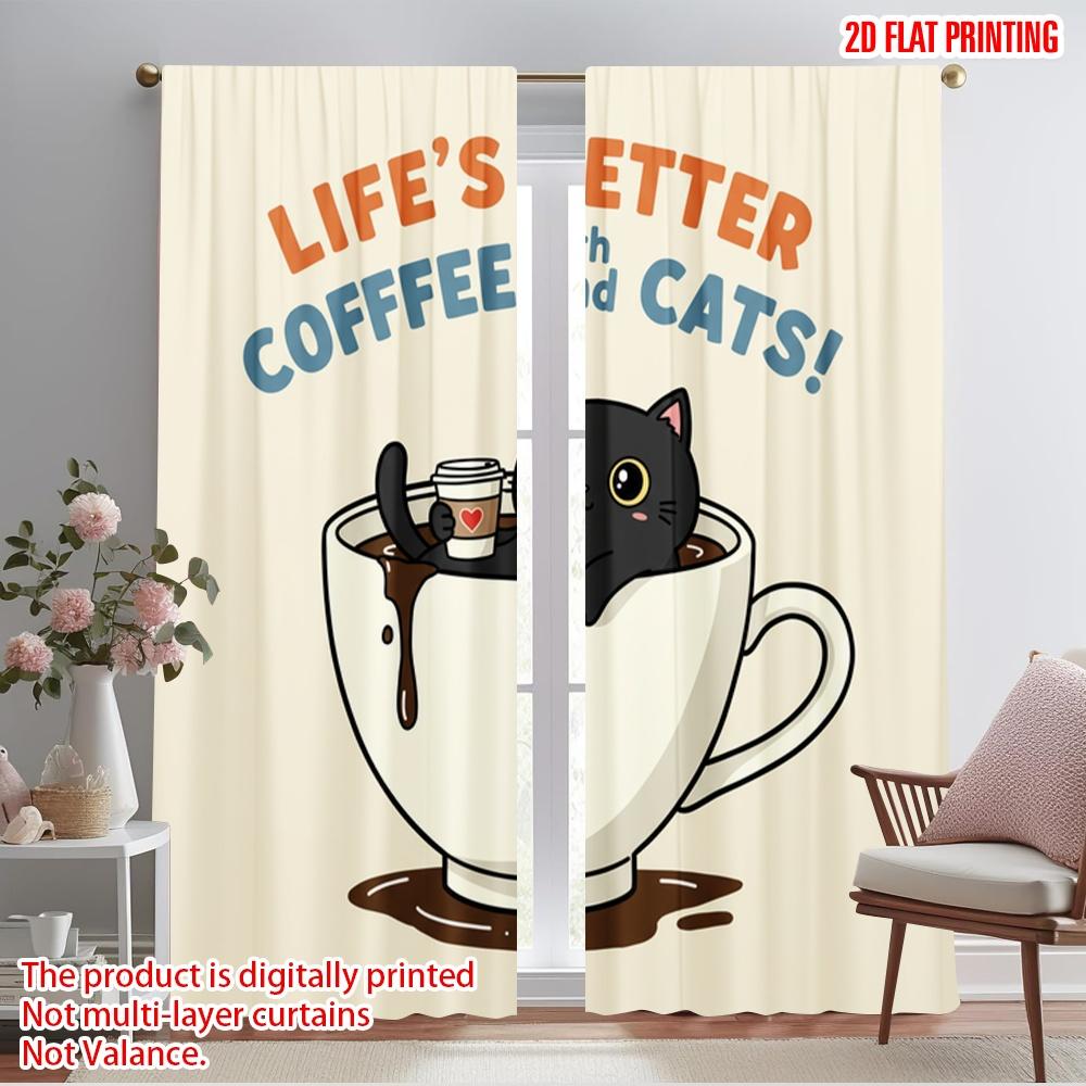 

2pcs 2D flat printing Curtains Life Better Coffee Cats Polyester Without Electricity Holiday Decorations for Parties and 52.50×116.00 CM 2pcs