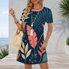 Women Plus Size Round Neck Short Sleeve Fruit Leaf Printed A Line Casual Dress