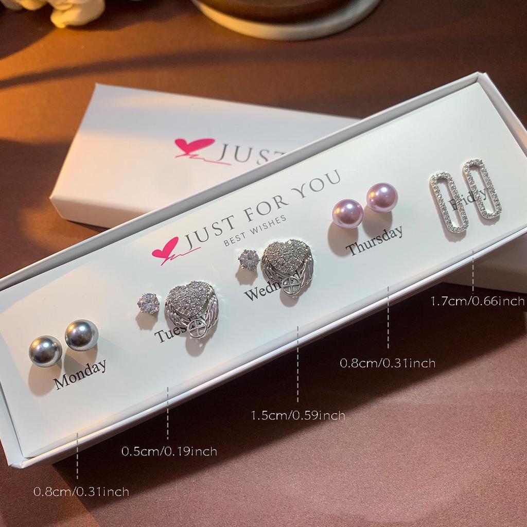 Weekly Earring Set: Flower Zircon Studs, Simple Ear Cuffs, Pearl Tassel French Earrings - 5 Pairs