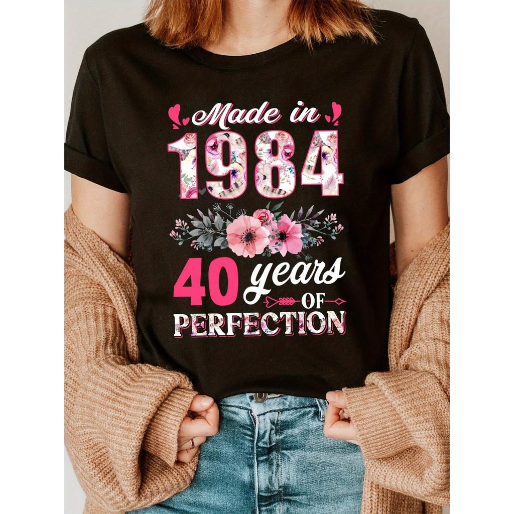 Hergestellt 1984 Print T-Shirt, Kurzarm Rundhals Lässiges Oberteil für Sommer & Frühling