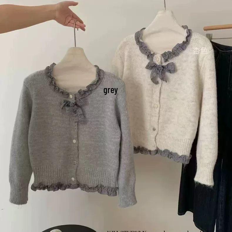 Koreański Szyk Kardiagn z Dzianiny z Falbankami i Kokardą - Damski Jesienny Wzór