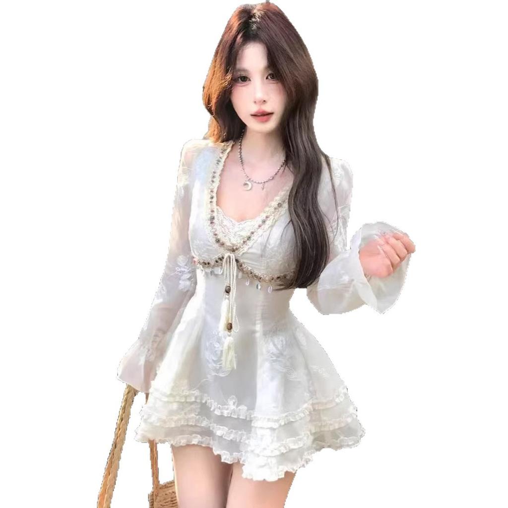 French first love short skirt spring waist thin design sense pure desire Spice girl wind webbing splicing white dress women