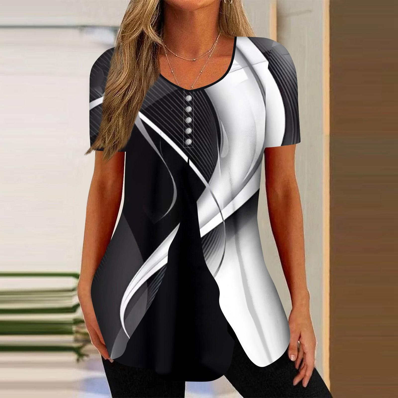 

Shirts For Women Short Sleeve Tops Dressy Summer Casual Printed V-neck Irregular Hem Blouses Tees XL