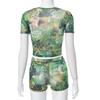 Ganzjahres-Damen-Street-Mesh-Zweiteiler-Set, Hipster-Mädchen-Blumendruck-T-Shirts + Schlaghosen, passende Party-Club-Kleidung, bedrucktes Oberteil, Shorts, Freizeitanzug