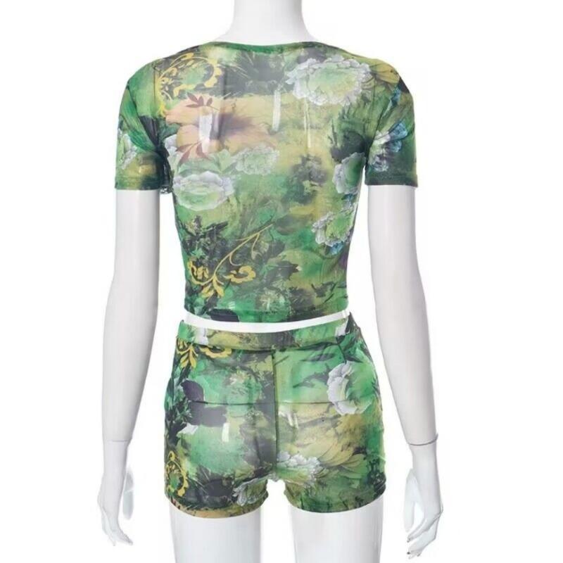 Ganzjahres-Damen-Street-Mesh-Zweiteiler-Set, Hipster-Mädchen-Blumendruck-T-Shirts + Schlaghosen, passende Party-Club-Kleidung, bedrucktes Oberteil, Shorts, Freizeitanzug