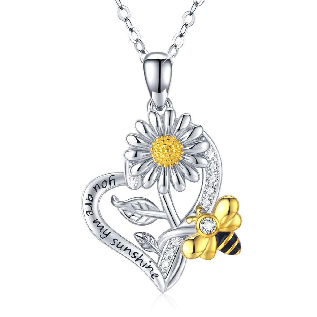 Sunflower Heart Necklace: 'You Are My Sunshine' Engraved, Bee & Color Drip Pendant