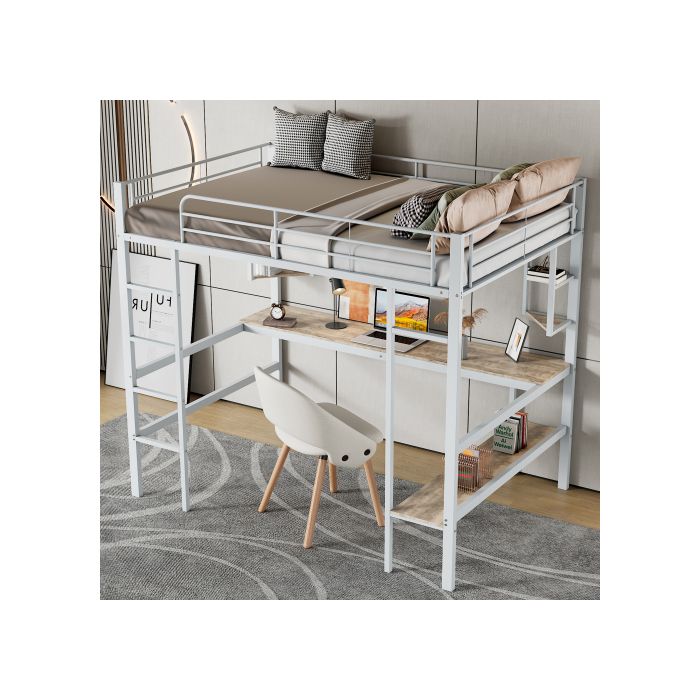 90x200cm Cadre de lit Lit en métal, lit haut avec quatre petites étagères et une grande bibliothèque, blanc