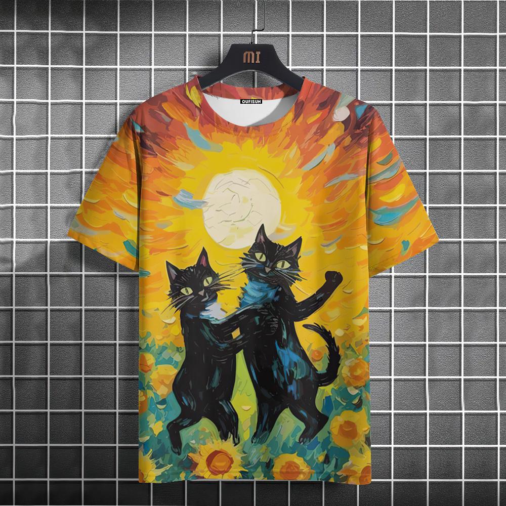 Oil Painting Cat Pattern T-shirt Short-sleeved Top