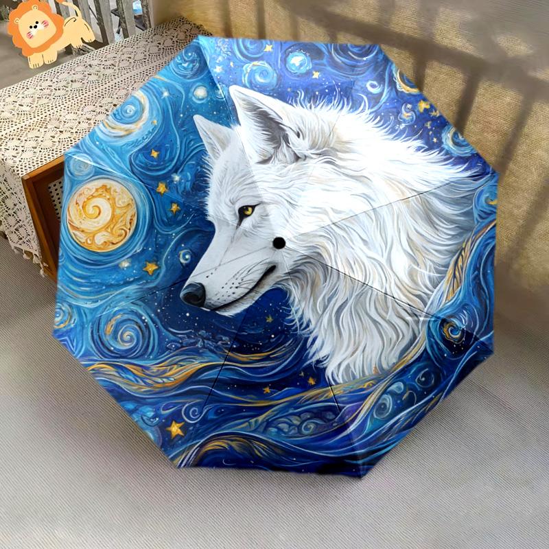 1 Stück Automatischer Faltregenschirm - Weißes Wolfsmuster, Tragbares & Faltbares Design mit 8 Speichen, Weihnachts-Geburtstagsgeschenke