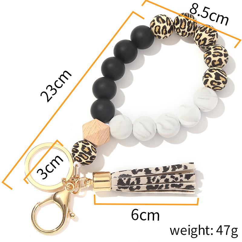 Silicone and Wooden Bead Keychain Bracelet with PU Tassel