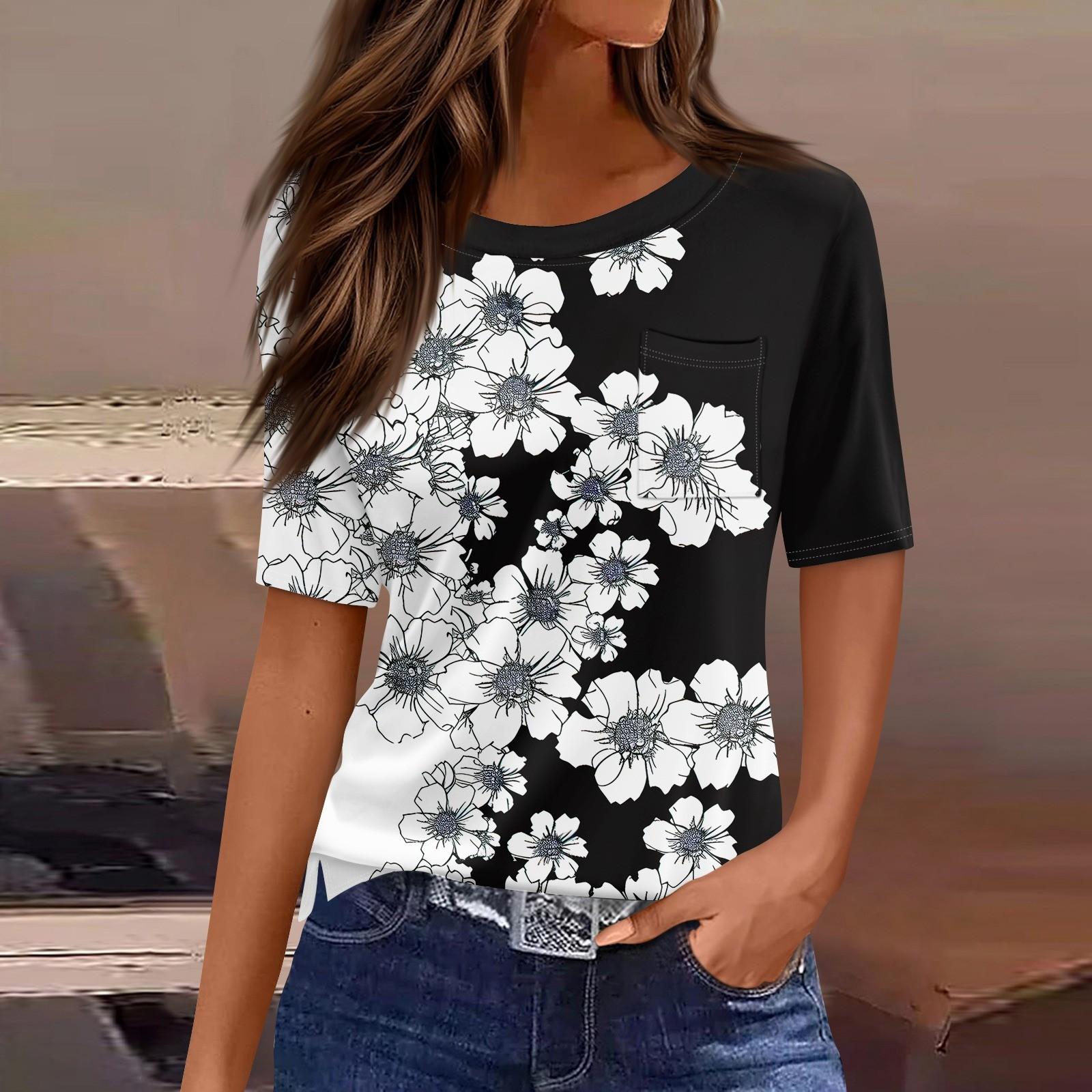 

Футболки для женщин с круглым вырезом, нарядные повседневные блузки с принтом, короткие рукава, летние топы свободного кроя M чёрный